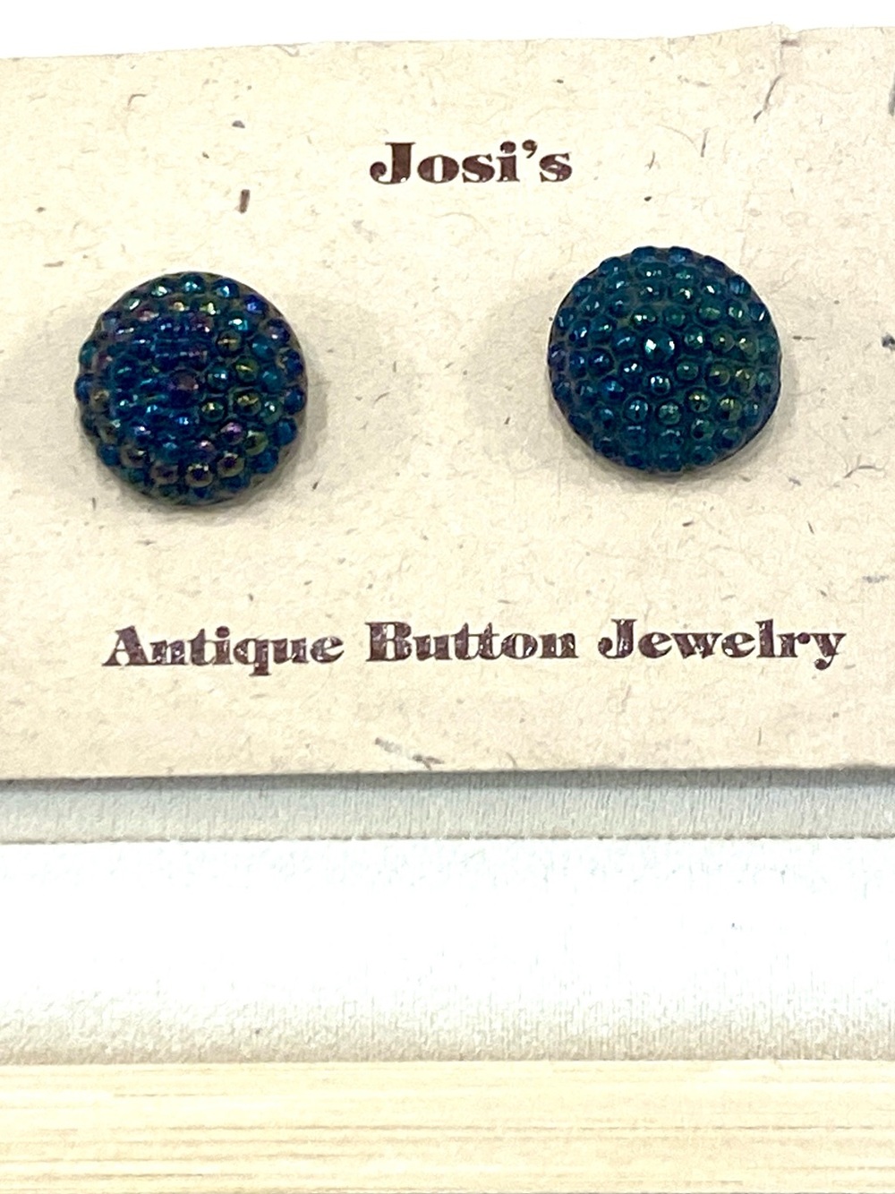 Josi’s Antique Blue-Green Aurora Sparkle Button Earrings NWT